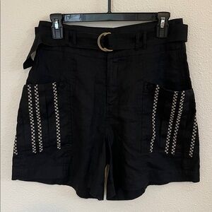 Johnny Was Black Linen Embroidered Shorts with Belt, High Waisted Boho